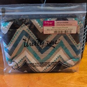 Thirty-One Chevron Mini Zipper Pouch in Black, Teal, and White